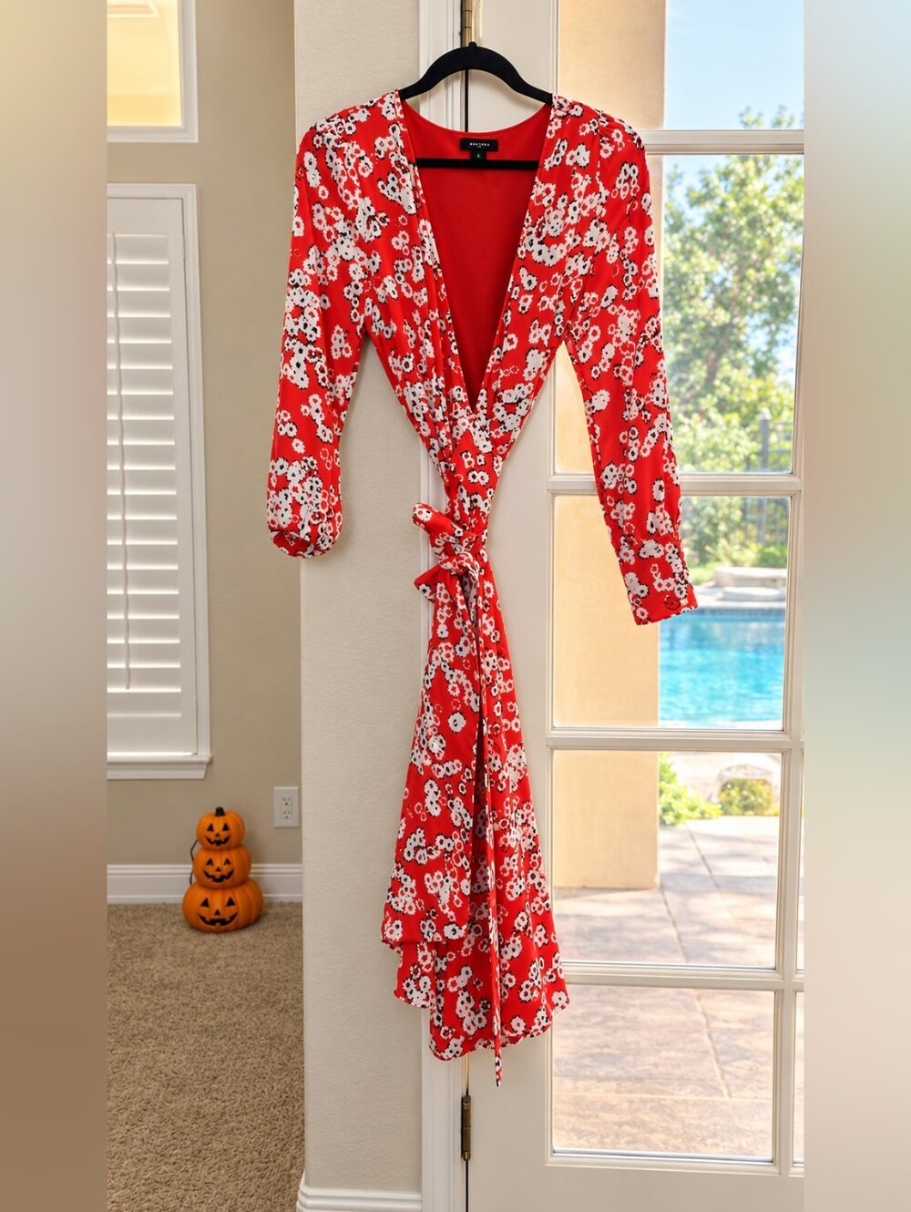 Halogen Red Floral Wrap Dress with Tie Waist